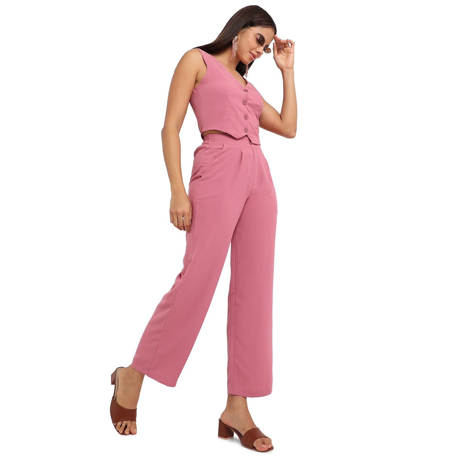 Campus Sutra Women's Salmon Pink Chic Vest Co-Ord Set for Casual Wear | Sleeveless | Polyester Fabric | V Neck Clothing Set Crafted with Comfort Fit for Everyday Wear (Size:XL) 2