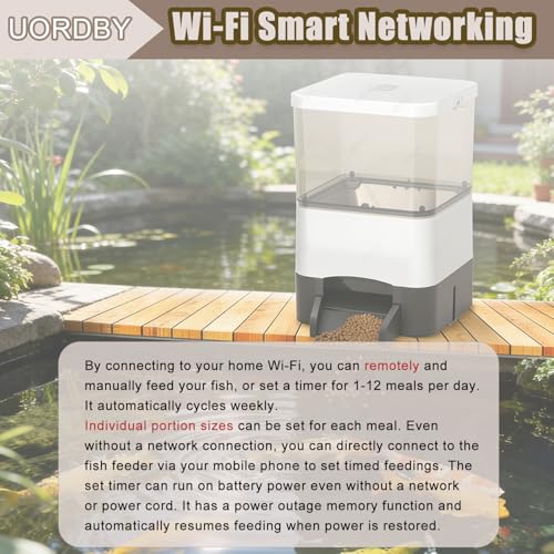 Alimentador de Peces Solar Wi-Fi, dispensador automático del Estanque 20L con el Control Remoto, porción Ajustable, IP65 Resistente a la Intemperie, admite Koi y Tanque, Negro