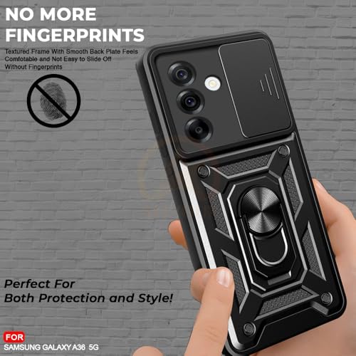 Image of Armor Bumper Back Cover Case for Samsung Galaxy A36 5G Rotating Camera Cover, Ring Holder & Kickstand | Heavy Duty & 360 Degree Protection Samsung Galaxy A36 5G Back Cover (Black)