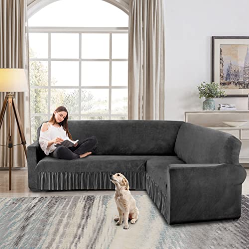 Aliecom Velvet Corner Sectional Couch Covers With Skirt Stretch Soft L Shape Sofa Cover For Dogs Anti Slip U-Shaped Couch Slipcover Living Room Pet Friendly Furniture Protector (Dark Gray, Large) #TOP1