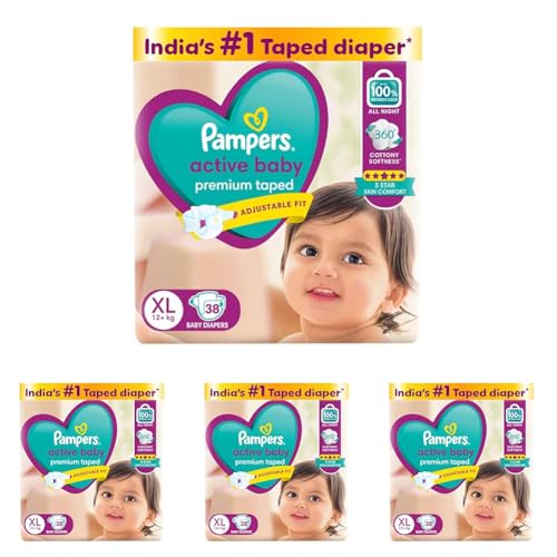 Image of Pampers Active Baby Taped Diapers, Extra Large size diapers, (XL) 38 count, taped style custom fit (Pack of 4)