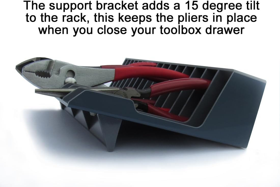PLR16 Gray PliersRack for your Peg Board and Toolbox Drawer. Plier storage for Regular & smaller pliers. Keeps spring loaded pliers closed in your toolbox. Has a special tilt feature.