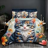 Fotmung Bettdecke Set 200x200 cm Graue Katze, Bettdecke + 2 Kissenbezüge, Mikrofasergewebe, Baumwolle-Füllung, 4-Jahreszeiten Nutzbar, Warm Atmungsaktiv für Schlafzimmer-Dekoration N16