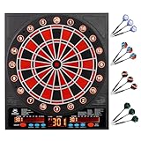 【34種ゲーム内蔵・自動採点】 電子ダーツボードは、34種類のゲームと355の遊び方を内蔵し、初心者から上級者まで幅広く楽しめます。最大8人までの同時プレイが可能で、ホームパーティーや友人との集まりに最適です。煩わしいスコア計算は「自動採点機能」に任せて、ゲームそのものに集中できます。さらに、5段階の難易度を選べる「コンピューター対戦機能」も搭載しており、対戦相手がいなくても、コンピューターを相手に練習することが可能です。 【見やすい3LED大画面＆8色プレイヤー識別ライト】 3つの高輝度LED...