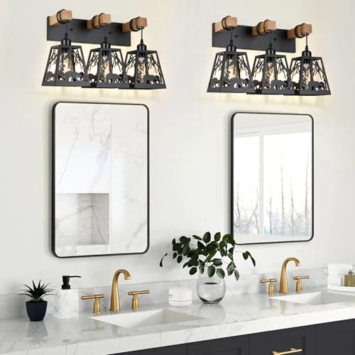 Image of Rustic Bathroom Light Fixtures, 3-Light Farmhouse Vanity Lamp with Bear Design and Wooden Frame, Wall Lighting for Bathroom, Hallway, Kitchen, Porch