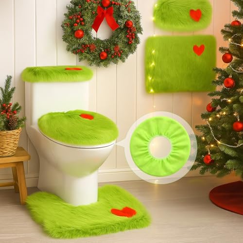 Windkream 5 Pcs Christmas Green Faux Fur Bathroom Rugs Set Whimsical Christmas Bath Mats Lime Green Toilet Seat and Lid Cover U Shape Rug Toilet Tank Cover for Holiday Xmas Bathroom Home Decoration