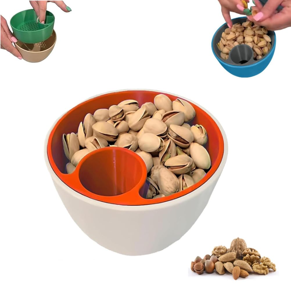 Uck-Kit Orange Dual-Chamber Pistachio Bowl Set With Shell Storage Holder, Large Double Dish Snack Serving Bowl With Food Waste Compartment, Double Dish Nut Bowl,