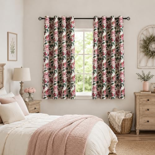 Image of ALIGOGO Pink Floral Curtains, Vintage Print Drapes, 50 inch W x 63 inch L | Vibrant Flower, Girls Room Decor, Bedroom & Living Room, Linen Blend, Light Filtering, Privacy, Elevate Space, Grommet