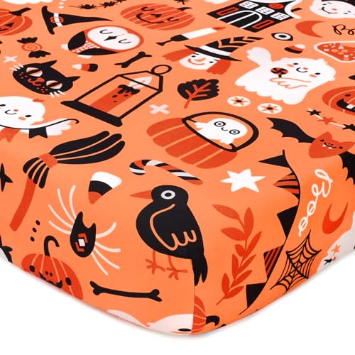 Image of JISEN Halloween Crib Sheet Pumpkins Fitted Crib Sheet for Boys Girls Crib Mattress Cover Baby Sheet for Standard Crib and Toddler Mattress Soft Breathable Baby Bed Sheet for Neutral 52x28 Inch Ghosts