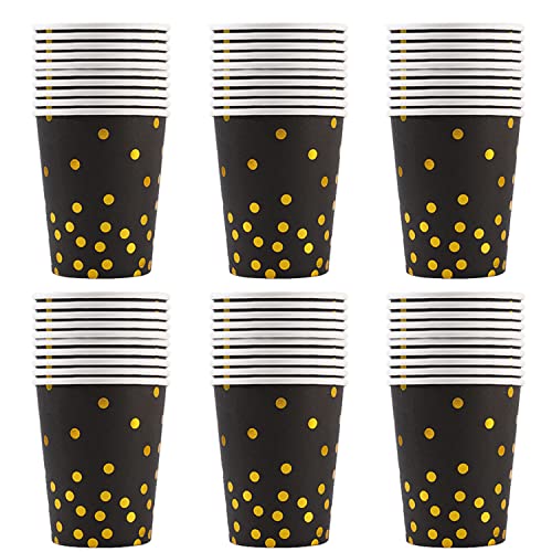 Gobelet en Carton Jetables 60 Pièces avec Pois Dorés pour Café, Thé, Boissons - 250ml - Décoration Mariage, Noel et Fête (Noir)