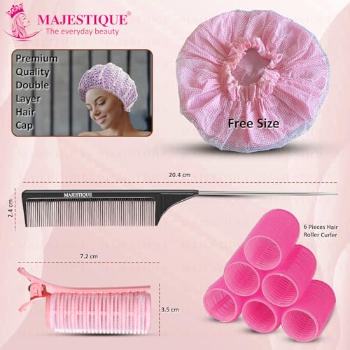 Image of Majestique Hair Curler Roller Kit with Reusable Shower Head Cap - Hair Roller Curler for Volume & Styling | Velcro Hair Rollers with Tail Comb & Clips | Heatless Hair Curler Set for Women | Hair Styling Tools 8Pcs Multicolour (Multicolor, Small)