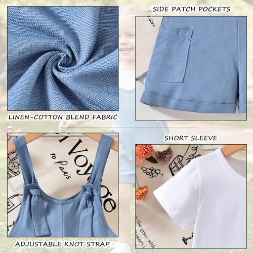 Image of HINTINA Toddler Girl Overall Shorts Set Adjustable Loose Jumpsuit Short Sleeve T-shirt Vacation Summer Outfits with Pockets