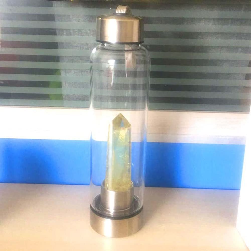 Botella De Agua De Cristal Natural Con Centro De Piedras Preciosas Decorado Punto Reiki Curación Elixir Cristal De Cuarzo Obelisco Varita Botella De Agua Con Infusión De Gemas De Cristal De Cuarzo ( C