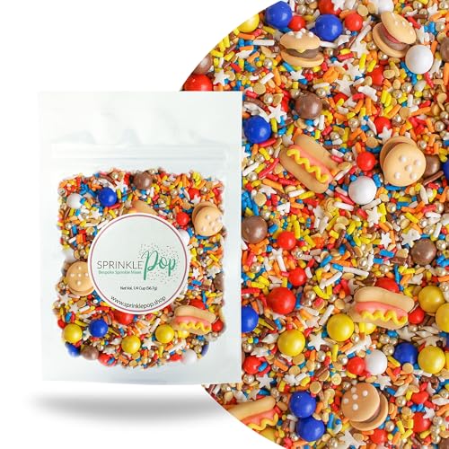 Sprinkle Pop Summer BBQ Sprinkle Mix| Red Blue White Yellow Brown Orange Sprinkles with Hamburgers & Hot Dogs Royal Icing| 4th of July Patriotic Sprinkles Made in USA for Cake Cupcakes Decorating, 2oz