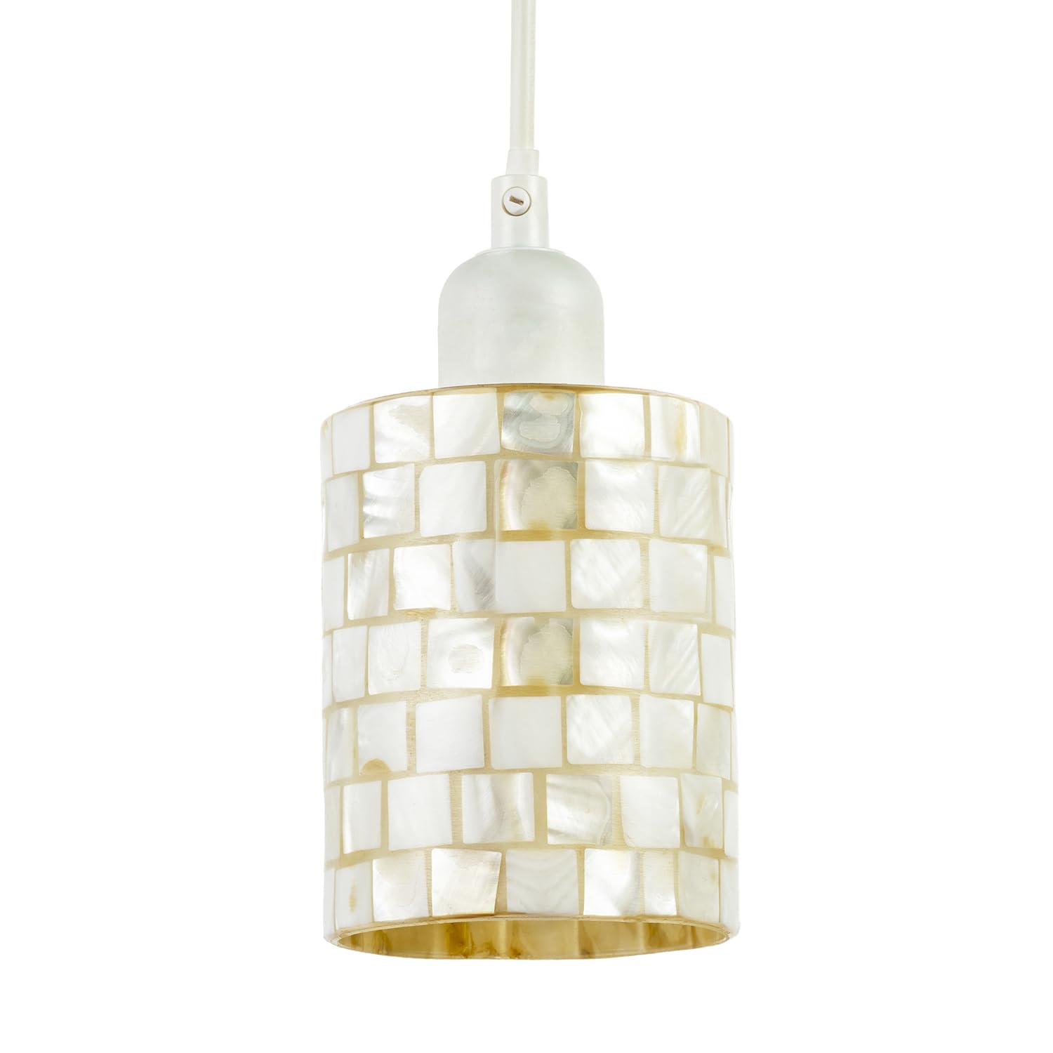 Modern Cylindrical Pendant Light Shade Mother of Pearl Style Mosaic | Soft Neutral Tones of Ivory Cream and White | 17cm x 13cm by Happy Homewares