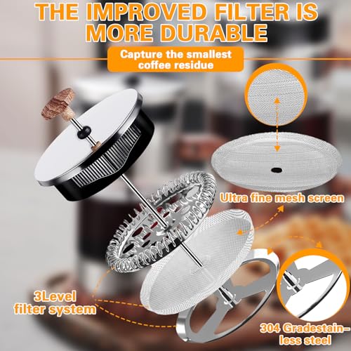 French Press Kaffeebereiter, 1000 ml Klein Kaffeepresse aus Edelstahlfilter und hitzebeständigem Glas, French Press Filter für Kaffee oder Tee, Cafetière,Kaffeezubereiter,Coffee Press aus Glas – Bild 3