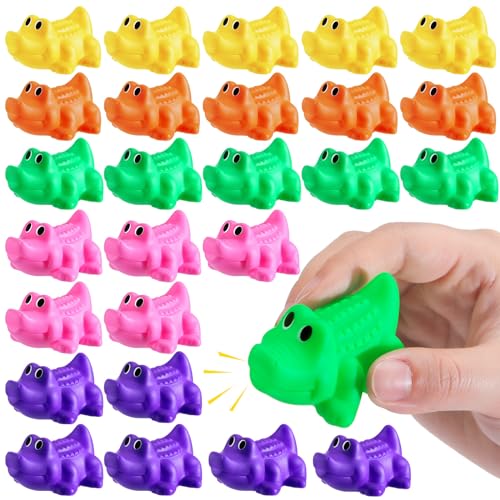 JellyArch 25 Pcs Rubber Crocodile Bath Toy Bulk Mini Alligator Toys Floating Squeaky Crocodile Mini Rubber Crocodile for Summer Pool Parties Birthday Shower Party Favors Cake Decorations, 5 Colors