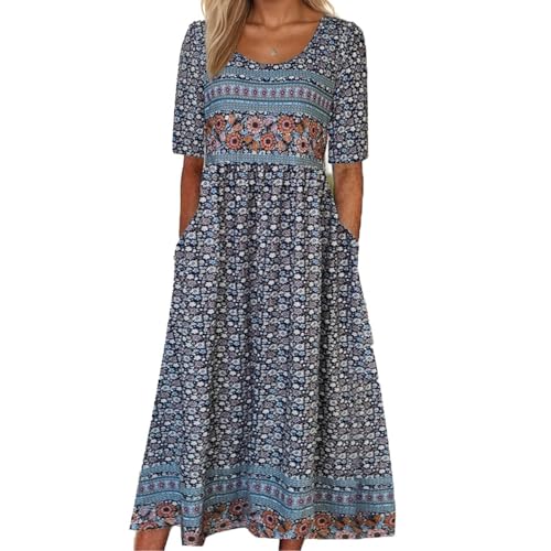 Women's Boho Floral Maxi Dress Casual Boho 2025 Summer Short Sleeve Beach Dresses with Pockets