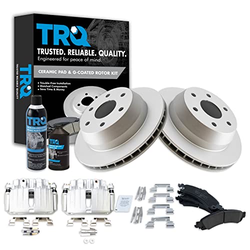 Image of TRQ Rear Brake Coated Rotor Premium Ceramic Pad & Caliper Kit w /Fluids Compatible with GM