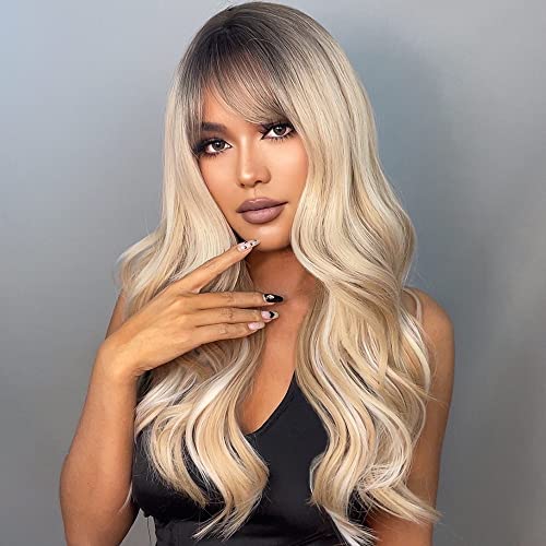 Kellynee Ombre Blonde and White Wig with Bangs with Black Hair Roots Long Wavy Heat Resistant Synthetic Wigs for Women Cover