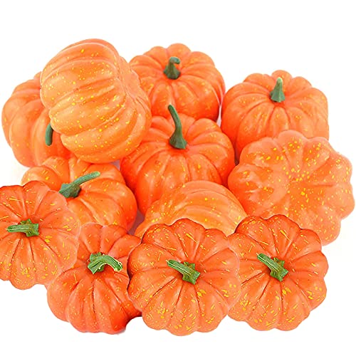HBell Lot de 12 petites citrouilles artificielles réalistes pour récolte d'automne pour la maison, le jardin, la décoration de récolte d'automne, Thanksgiving ou décoration d'Halloween (orange) Cover