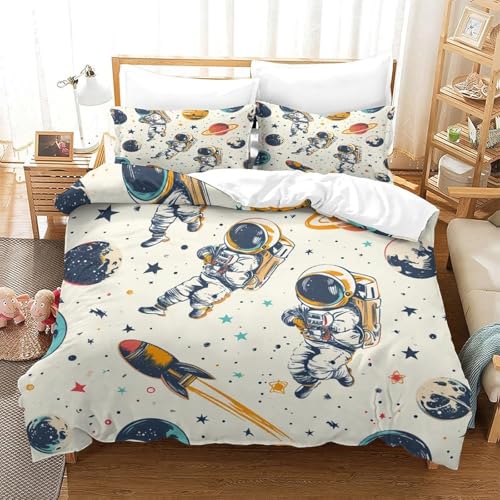 Tabeskly Kids Boy Astronaut Space Rocket Soft Zipper Bed Bedding Duvet Cover Set Single Beige 135200cm