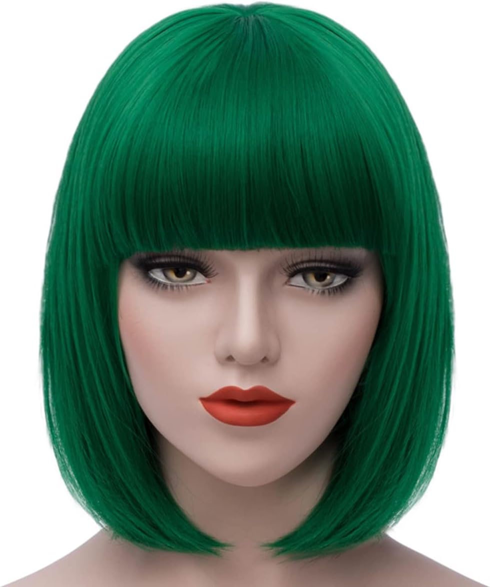 Fover Green Wigs for Women Short Green Bob Wig with Bangs Straight Cute Synthetic Green Wig for St Patricks Day Party Costume FE014GR