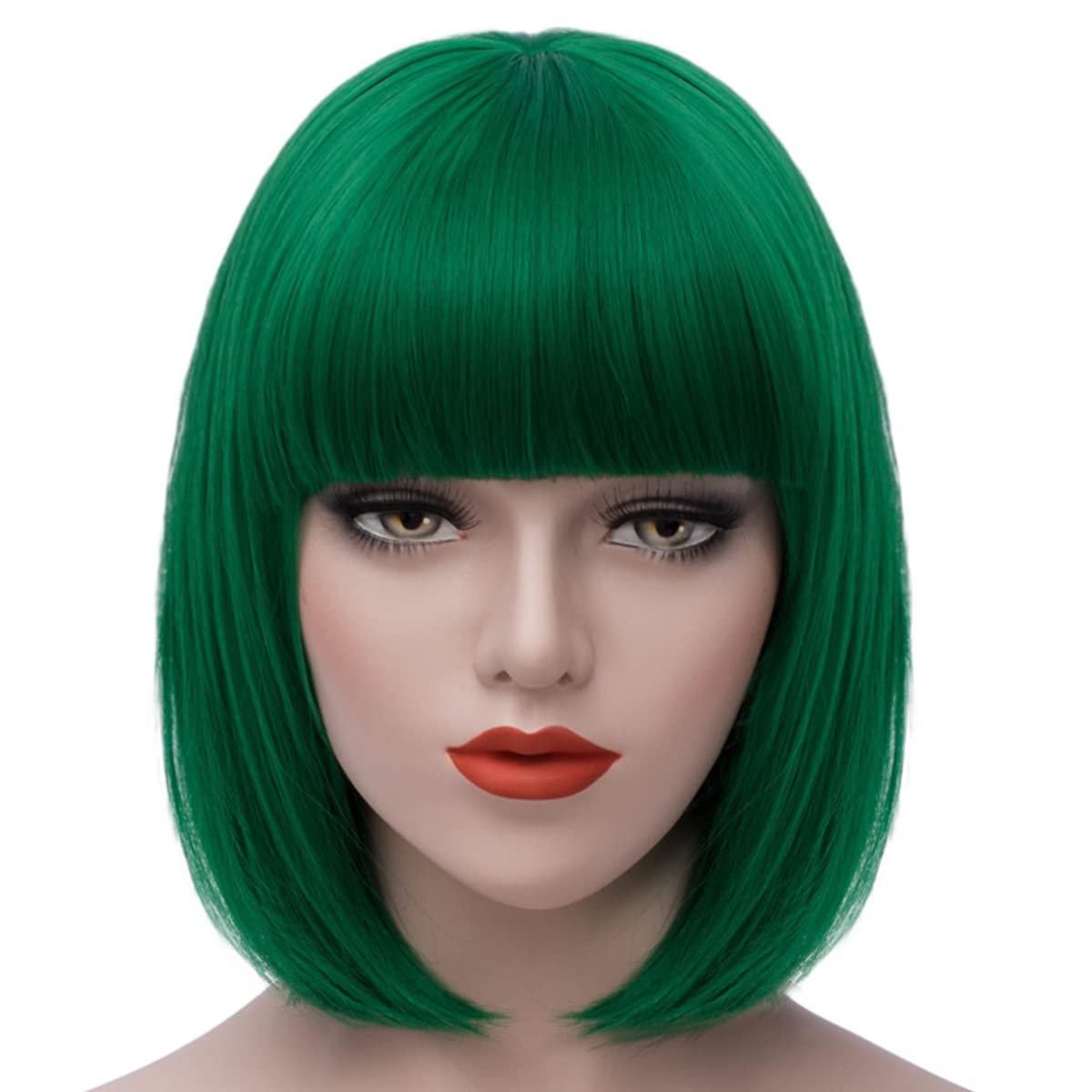 Fover Green Wigs for Women Short Green Bob Wig with Bangs Straight Cute Synthetic Green Wig for St Patricks Day Party Costume FE014GR