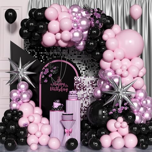 Kit Arche Ballons Rose Noir, 120 Pcs 5/10/12/18 Pouces, Guirlande Ballons en Latex Rose Métallisé Noir Avec Ballon étoile Argenté pour Filles Femmes...