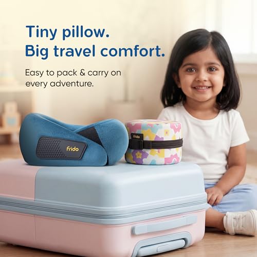 Image of Frido Kids Memory Foam Travel Neck Pillow with Travel Pouch | 360 Chin & Neck Support for Comfortable Sleep | Adjustable Velcro Straps | Ideal for Car, Flight & Road Trips | Sapphire Blue