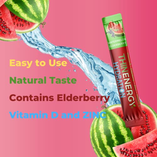 Thin Energy Hydration Powder Packets | Watermelon Elderberry | 10 Sticks | Plant Based Drink Mix | Electrolyte Powder For Adults | Sugar & Caffeine Free | Vitamins & Minerals | Keto Friendly #TOP5