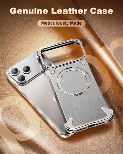 Image of Aluminum Frame Metal Bumper Compatible with iPhone 17 Pro Max | Simple Shield Air Cushion Shockproof | Edge Protection, Minimalist Slim - Black (Frame-Leather -Silver, iPhone 17 Pro Max)