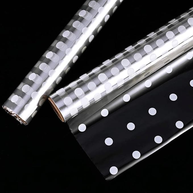 Saksham Clear Transparent White Polka Dot Cellophane Wrapping Roll Pack of 2 (20m x 70cm) | Perfect for Hampers, Crafts, Gift Wrap | Transparent gift wrapping sheets | Get 3 Free Pull Bow Ribbons