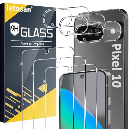 letosan 3 Pack for Google Pixel 10 Screen Protector Tempered Glass + 3 Pack Camera Lens Protector Military Grade Shatterproof 9H Hardness Fingerprint Unlock Case Friendly 6.3 Inch