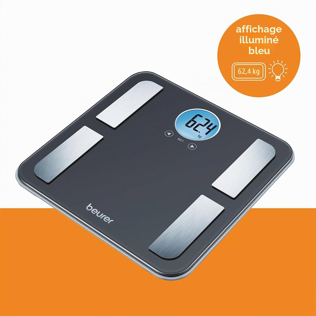 Beurer BF 195 Pèse-personne impédancemètre en verre pour la détermination de la graisse corporelle, de la masse musculaire et des besoins en calories, jusqu'à 180 kg