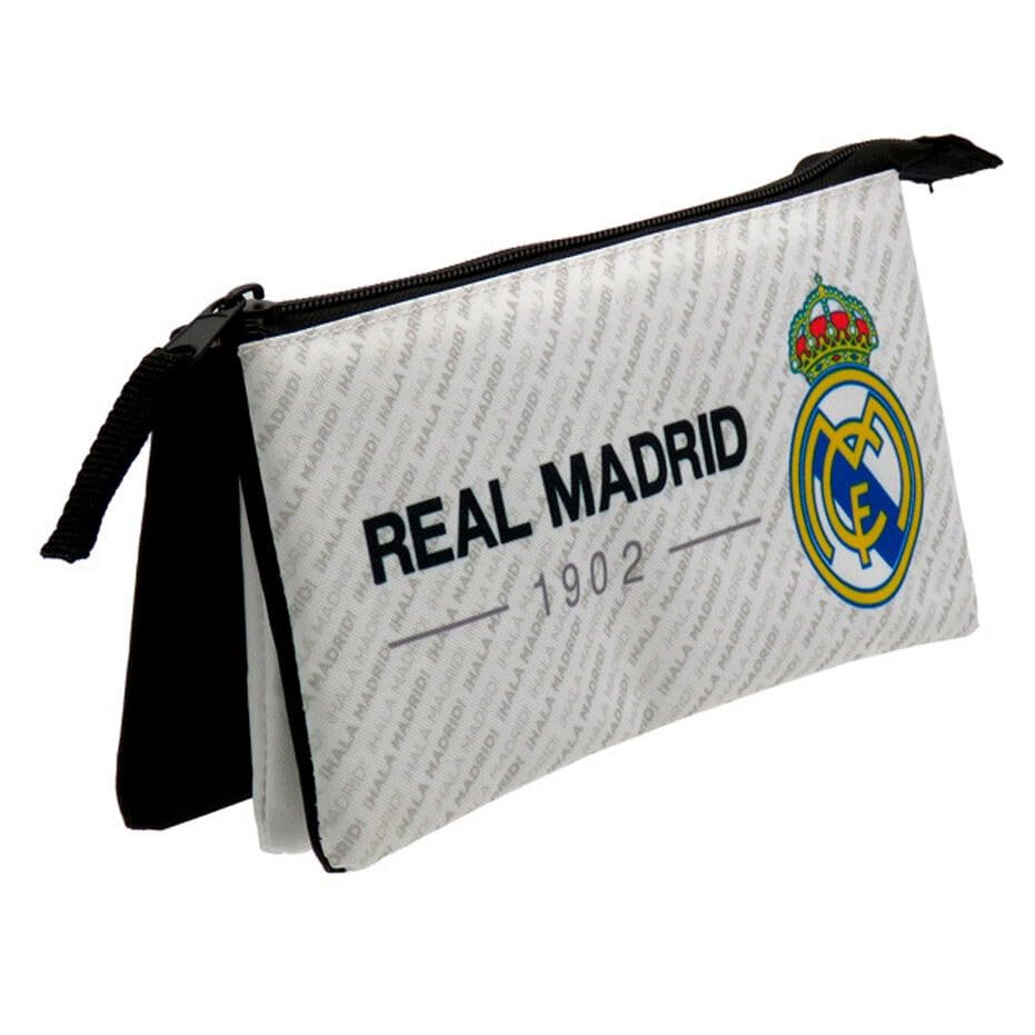 Real Madrid Portatodo Triple 22cm, Estuche Ecolar Niños Colegio, Color Blanco y Negro, Producto Oficial