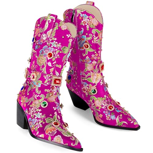 Image of LOCERICH Women Rhinestone Cowboy Sparkly Cowgirl Boots Diamond Western Floral Embroidery Mid Calf Booties