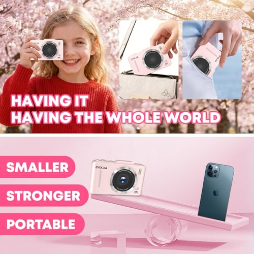 Image of Digital Camera, Autofocus 4K Point and Shoot Digital Cameras with 16X Zoom Anti Shake, 48 MP Cameras for Photography with 32GB Card, Compact Portable Small Camera for Kids Girls Boys Beginners, Pink