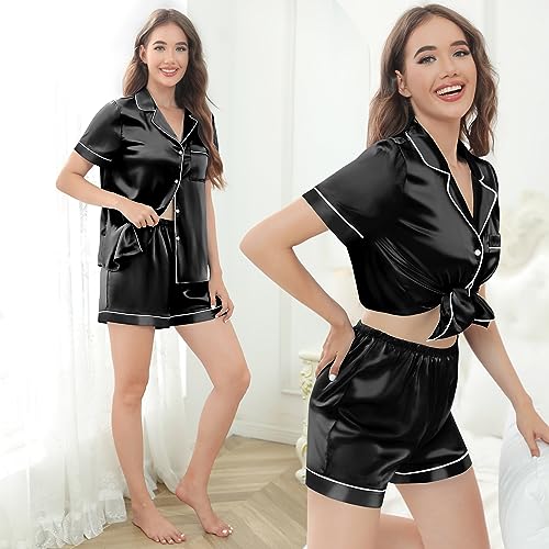 Image of Silk Pajamas for Women Satin Womens PJ Set 2 Piece Short Lounge Set Summer Sleepwear Notch Collar Button-Down Pjs