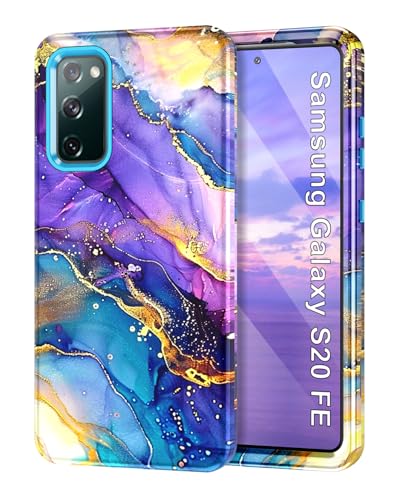 Btscase for Galaxy S20 FE 5G Case, Marble Pattern 3 in 1 Heavy Duty Shockproof Full Body Rugged Hard PC+Soft Silicone Drop Protective Women Girl Covers for Samsung Galaxy S20 FE, Blue Purple