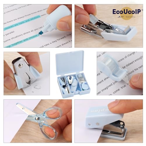 EooUooIP Practical and Beautiful Office Supplies Blue Handbook Tool Box,Stapler Tape Staples Hole Puncher Paper Scissor for Efficient Work and Stylish Gifting. - Thumbnail 3