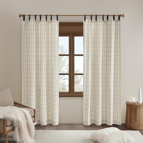 Image of Madison Park Anaheim Cabin Plaid Curtain Window, Thermal Insulated Fleece Lining, Living Room Decor Room Darkening Drape for Bedroom, 1-Single Panel Pack, 50x95 Faux Leather Tab Top, Natural