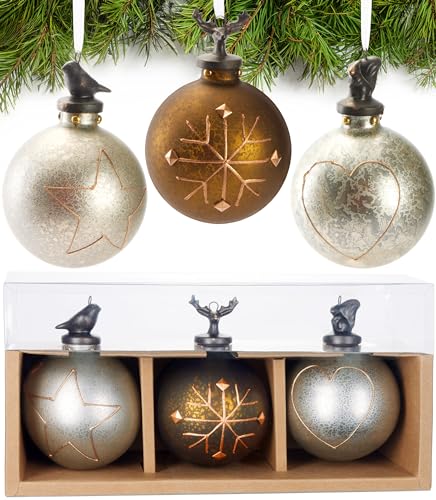 BRUBAKER 3er Set Weihnachtskugeln aus Glas - Stern, Schneeflocke und Herz - Premium Baumkugeln mit Porzellan Figur - Handbemalte Weihnachtsdekoration - 8cm Christbaumkugeln Silber/Grau