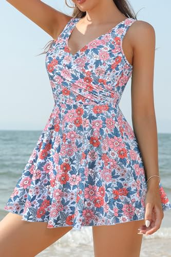 Image of SHEKINI One Piece V Neck Skirt for Women Modest Tummy Control Swimdress Bathing Suits Swimsuit