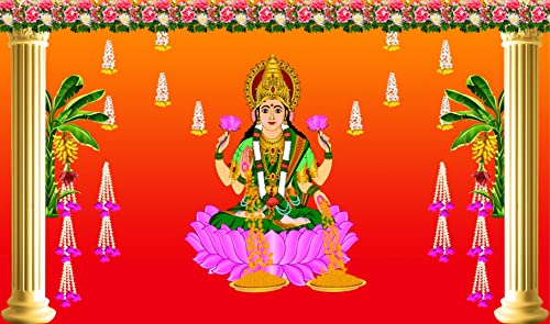 Image of Banana Tree with Goddess Lakshmi Maa Design Backdrop Cloth for Diwali Pooja Decoration Traditional Background Curtain Cloth for Festival Size 5 Feet Height and 8 Feet Width(5 * 8)