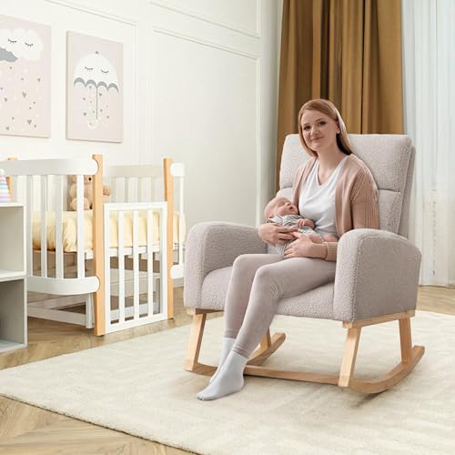Image of HCHAIRH Rocking Chair Nursery, Nursing Rocking Chairs, Upholstered Nursery Glider Rocker for Mom Nursery Morden Rocking Chair with Side Pocket for Living Room,Bedroom, Teddy Light Gray