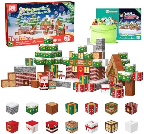 Magnetic Blocks, 200PCS Magnetic Building Block Cubes, STEM Montessori Sensory Toys for Kids Boys Girls Ages 3 4 5 6 7 8 9 10 (Christmas Version)