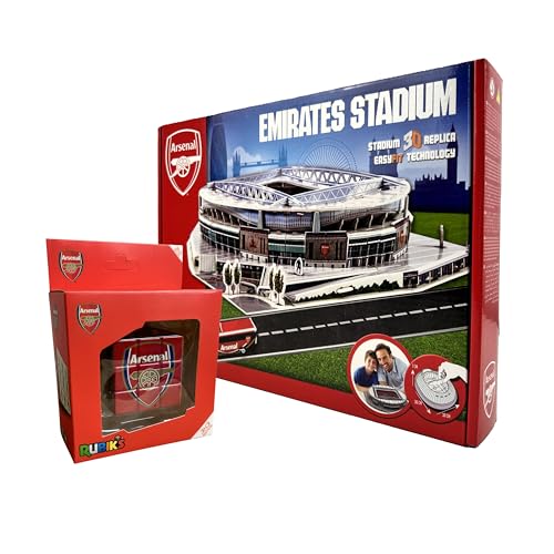 Arsenal FC Emirates Stadium 3D Puzzle (108 Pieces) + Arsenal Rubiks Cube Bundle | Official Football Fan Gift | Stadium Model Construction Puzzle & Brain Teaser | Age 7+