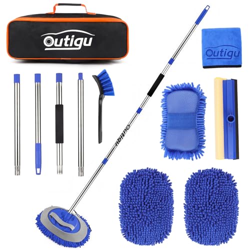 Outigu Juego de cepillos de lavado de coche, mango extensible de 160 cm, mopa de microfibra con cabezal de repuesto, cepillo de rueda, toalla y esponja (azul)