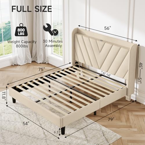 Image of koorlian Full Size Bed Frame, Full Bed Frame with Headboard, Adjustable Upholstered Bed Frame with Type-C&USB Port, Wingback Storage Headboard, Noiseless, No Box Spring Needed, Beige
